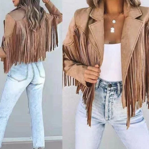 Faux Suede Jacket Women Motorcycle Lapel Jacket Lady Solid Fringed Short Coat - Picture 1 of 15