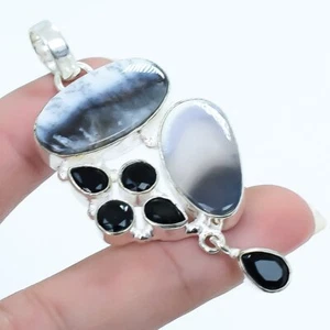 Colgante de joyería de plata hecho a mano con piedras preciosas de ónix negro de ópalo dendrita 2,4" PRJ17286 - Imagen 1 de 3