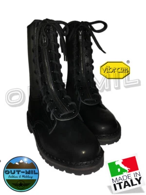 Stivaletto Anfibio militare PS Italiano cuoio nero zip centrale e suola Vibram