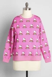 Neu mit Etikett ModCloth x Hello Kitty rosa Erwachsenen-Sweatshirt mit Rundhalsausschnitt und Regenbogen Größe L - Bild 1 von 3