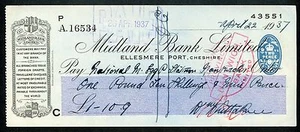 UK Great Britain Check Cheque Midland Bank 1937 XF !!! - Picture 1 of 2