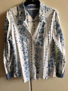 Camicia Donna Tommy Hilfiger M Bianca A Fiori Blu Maniche Lunghe Bottoni Usata - Foto 1 di 4
