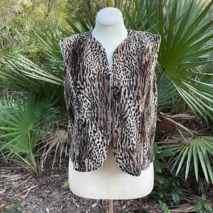 Vintage 90s Animal Print Vest Faux Fur Volup Zip Up Ocelot Steven Paul Size XL - Picture 1 of 11