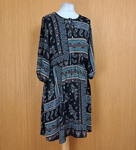 Red Herring Dress Black Paisley UK 12 Knee Length Gathered Waist 3/4 Sleeve - Picture 1 of 8