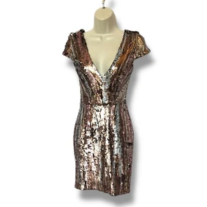 Kleid The Population Zoe Dress XS schimmernd Pailletten Etui Pinselstrich Bronze - Bild 1 von 10