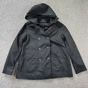 Via Spiga Coat Medium M Black Peacoat Jacket Removable Hood Lined Pockets Womens - Picture 1 of 15