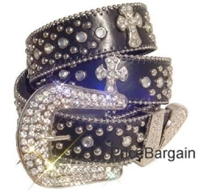 Schwarz Kreuz Western Strass Glitzer Echtleder Druckknopf Schnalle Gürtel M SM - Bild 1 von 1