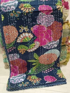 Indian Blue Fool Print Throw Kantha Quilt blanket Cotton Twin Size Bedspread - Picture 1 of 10