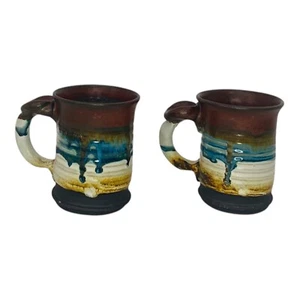 Pair Of Hand Thrown Studio Artisan Pottery Mugs with Brown Glue and Thumb Rests - Picture 1 of 18