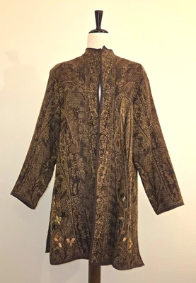 Abrigo Plumero Coldwater Creek Frente Abierto Cachemira PL Marrón Lana Forrado Bordado Foto 1 de 4