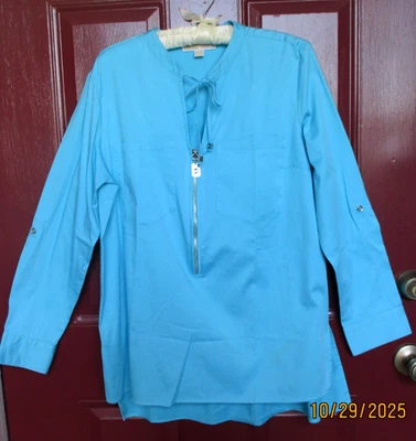 Michael Kors NWOT Top Robin's Egg Blue Roll Tab Sleeves LARGE Hi Low Hem Zipper - Image 1 of 4