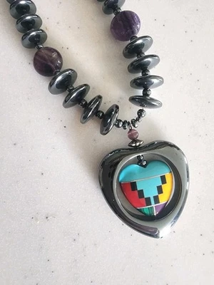 Necklace Hematite Amethyst Inlaid Multi Color Heart Pendant Southwest  - Image 1 of 4