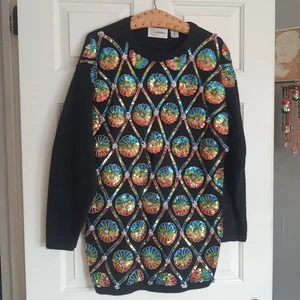 Vintage Cedars Small Lambswool Angora Nylon Rainbow Sequined Flower Sweater - Bild 1 von 5