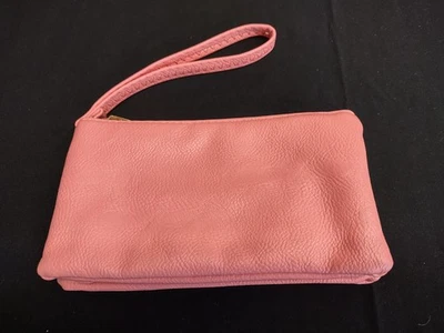 Vintage Style Salmon Pink Clutch Wristlet Purse Faux Leather w Zip 4" x 8" - Image 1 of 4