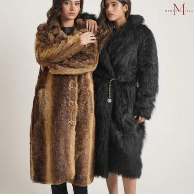 Women’s Faux Fur Long Coat Knee Length Trench Jacket Black & Brown M-XL - Image 1 of 3