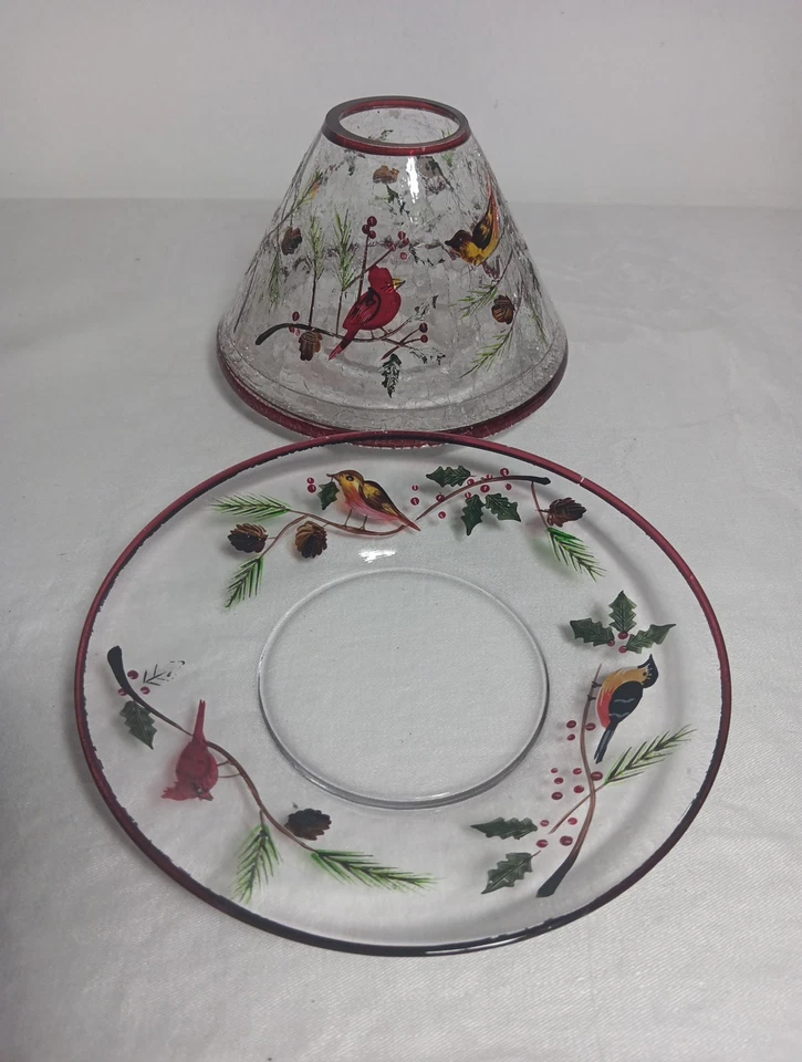 Yankee Candle Crackle Glass Winter Birds & Holly Votive Shade w Bottom Plate - Image 1 of 4