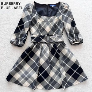 BURBERRY BLUE LABEL Nova Check Wool Belted Dress 36 S Beige Gray From Japan - Picture 1 of 10