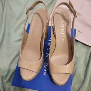 Stuart Weitzman Island Peeptoe Espadrilles Black Patent Leather Size 11 New Box - Picture 1 of 13