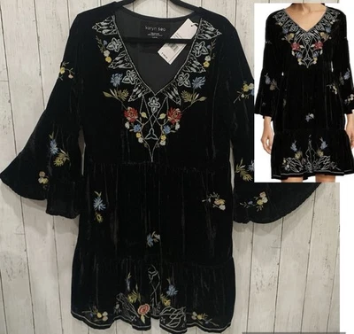 Karyn Seo Women's Size Large Black Embroidered Velvet Frida Dress Long Sleeves - Image 1 of 4