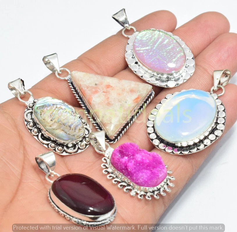 Opalite & Mix Gemstone Pendant 925 Silver Plated Wholesale 5pcs Jewelry Lots - Image 1 of 1