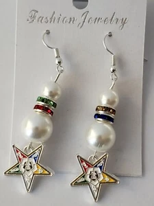 OES Silver Tone OES Pearl Earrings - Eastern Star Ear Rings - Picture 1 of 3
