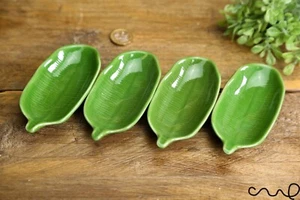 Juego de 4 pequeños platos de inmersión de hoja de plátano verde cerámica plato de salsa condimento - Imagen 1 de 11