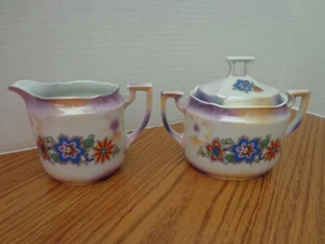 Antique Germany Sugar and Creamer Flowers Purple Blue Orange - Pretty! - Picture 1 of 8