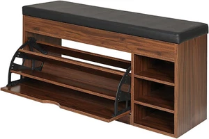Bamboo Shoe Storage Bench w/ Removable Cushion, Entryway Hallway Seat w/ Storage - Picture 1 of 11