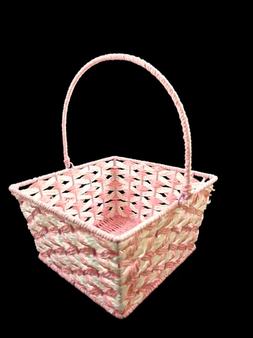 Pink & White Twine Weaved 9Square Basket Folding Handle Metal Frame Cover