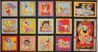 Loralie Joy Dog Puppy Dogs Black Cotton Fabric Loralie Designs 24"X44" Panel - Image 1 of 3