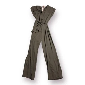 Japna Dark Olive Jumpsuit W/ Waist Tie Womens Size Large Cuff Sleeve - Picture 1 of 7