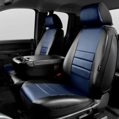 Chevy Silverado 1500 2019-2021 ajuste personalizado fundas de asiento delanteras de cuero Lite negro/azul Foto 1 de 4