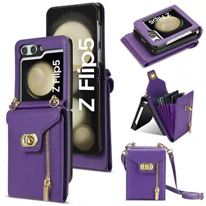 For Samsung Galaxy Z Flip 6 5 4 3 Crossbody Strap Card Wallet Case Phone Cover - Picture 1 of 17