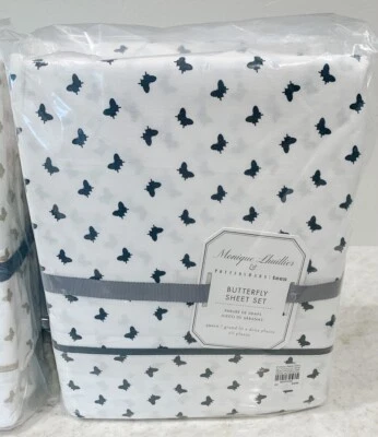 Juego de sábanas Pottery Barn Teen Monique Lhuillier Butterfly Satén REINA negro blanco Foto 1 de 2