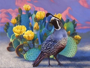 California Quail and Prickly Pear Cactus Print on Canvas - Desert Painting - Picture 1 of 5