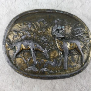 Vintage Brass Belt Buckle 2 Deer Mountains Indiana Metal Craft - Picture 1 of 2
