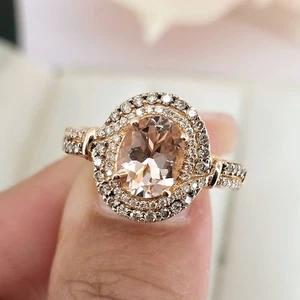 14kt Rose Gold Levian Oval Morganite Chocolate & White Diamond Halo 6.75 Ring - Picture 1 of 8