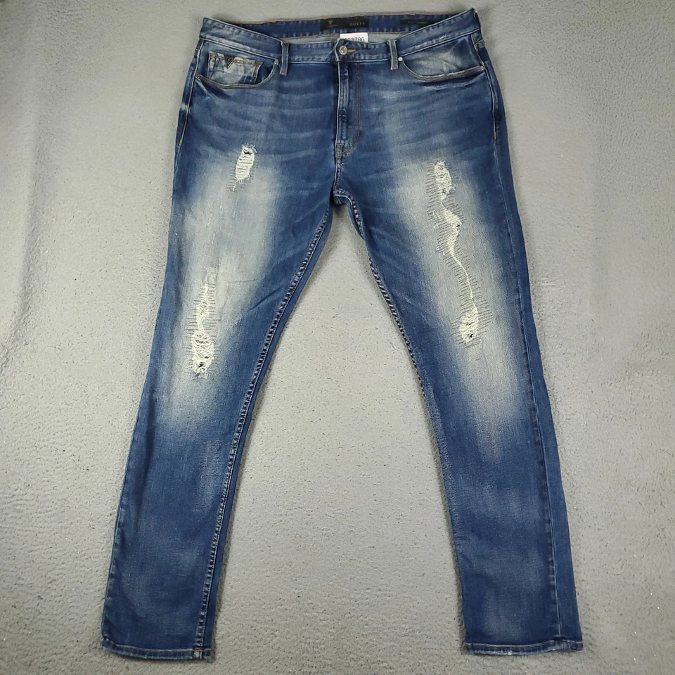 Guess Jeans Mens Size 40x32 Blue Distressed Tapered Slim Denim Pants ** - Image 1 of 4