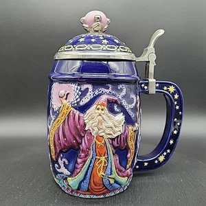 Vintage Fantasy Wizard Dark Blue Beer Stein Flip Top Lid Castle Design Spencer's - Picture 1 of 15