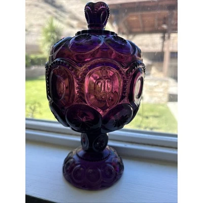 Vintage Purple Moon and Star Pedestal Candy Dish with Lid Glass Collectible - Image 1 of 4