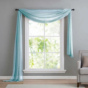 Voile colgante transversal, decoración a mano alzada, 140x600, azul claro - Imagen 1 de 2