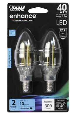 Feit Enhance 40w Equiv LED B10 Bulbs, Daylight 300 Lum E12 Dimmable Clear 2-Pack - Image 1 of 4