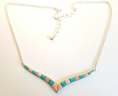 Sterling Silver Tuquoise & Coral Inlaid Necklace DTR 925 Jay King Mine Finds - Image 1 of 3