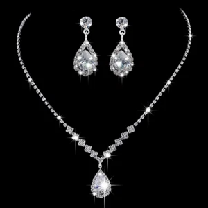 Women"s Luxury Necklace Earrings Set CZ Love Drop Pendant Jewelry Silver Steel - Picture 1 of 9