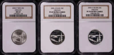 2005-P&S SMS, Clad, & Silver Oregon State Quarter Set NGC MS-67 & PF-69/70UC - Image 1 of 2