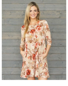 Fall Floral Print Dress with 3/4 Sleeves - Picture 1 of 5
