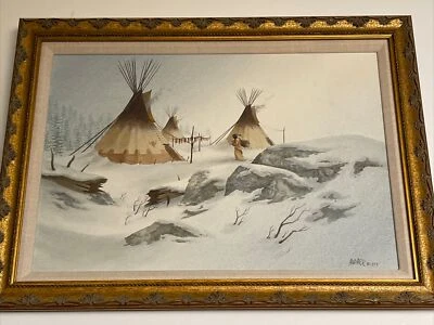 Vintage Native American Indian Painting Shoshoni Encampment Landscape Abarr - Image 1 of 4