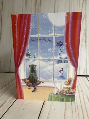 Christmas Cat Looking Out Window Santa Sleigh Milk Cookies Card Sarah Summers - Image 1 of 4