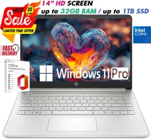 HP Slim Laptop 14" 4-Core Intel Core Upto 32GB RAM& 1TB SSD, Win 11 PRO+OFFICE - Picture 1 of 11