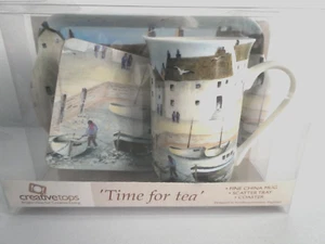 Creativetops Ceramic Tea Mug Kit "Cornish Harbour" with Coaster & Melamine Tray - Picture 1 of 7